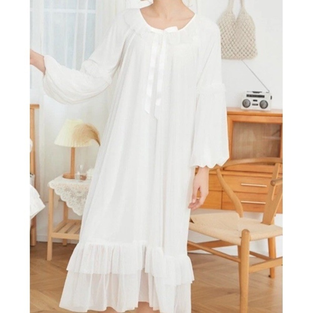 Vtg‎ Princess Nightgown Small Bridal Peignoir White Puff Sleeve Honeymoon Ruffle